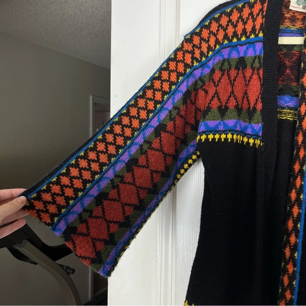 Vintage Boho 70’s Open Front Geo Knit Mid Long Cardigan Duster Sweater Sz M - Picture 3 of 7